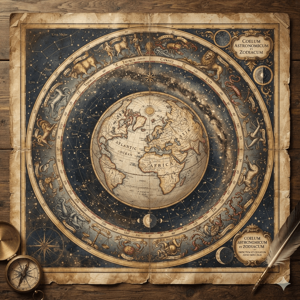 Antique astronomical chart of the zodiac and the Earth